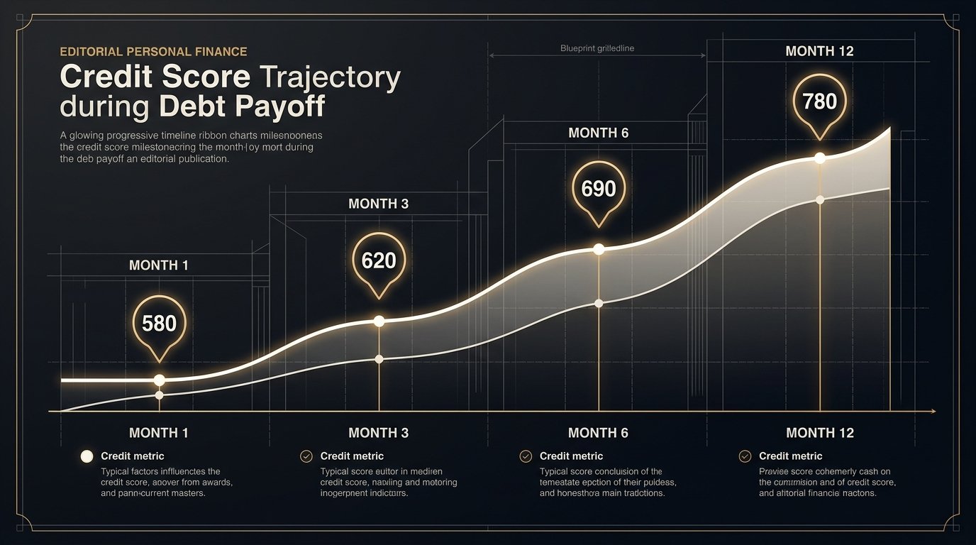 Credit score changes during debt payoff: month-by-month trajectory and milestones from 580 to 780