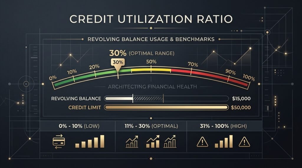 Credit utilization ratio explained: revolving balance vs credit limit benchmarks infographic