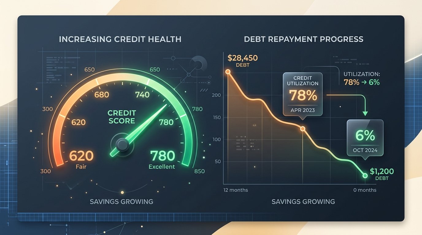 Credit score gauge rising alongside debt reduction and credit utilization chart