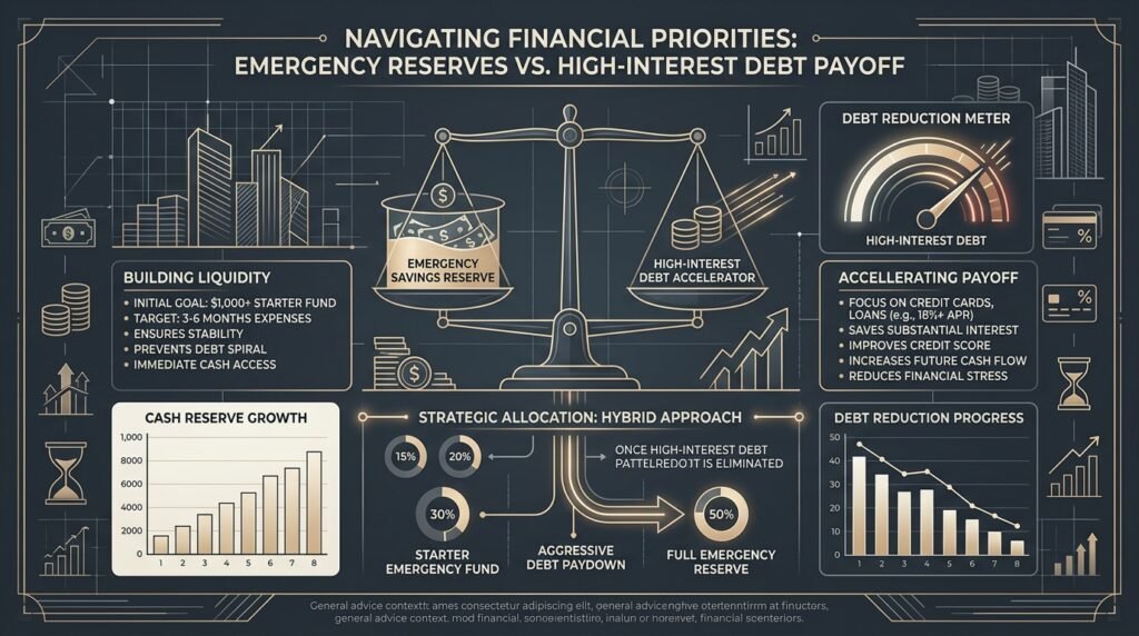 Pay off debt or build an emergency fund first: architectural capital allocation balance infographic