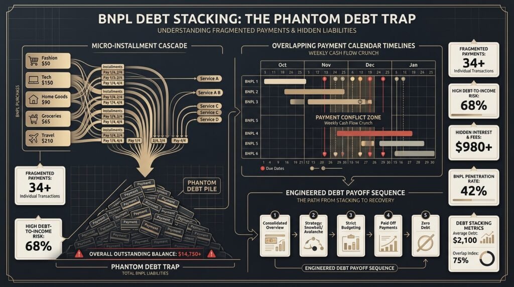 Buy Now Pay Later debt stacking: phantom debt trap, micro-installment cascade, and payoff sequence infographic