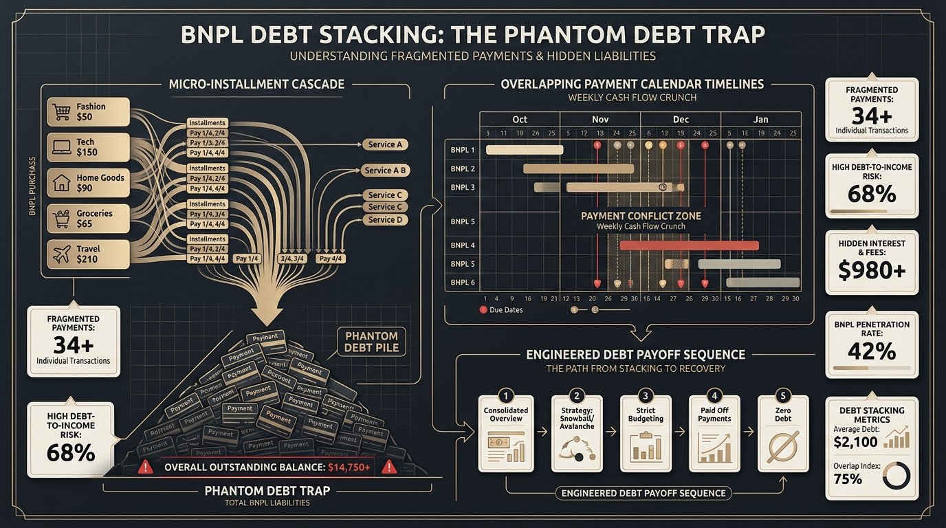 Buy Now Pay Later debt stacking: phantom debt trap, micro-installment cascade, and payoff sequence infographic