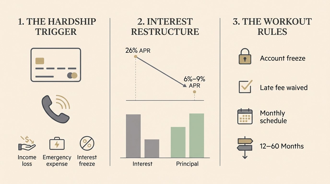 Credit Card Hardship Programs Infographic: The hardship trigger, interest restructuring from 26% to 6%-9% APR, and workout rules checklist