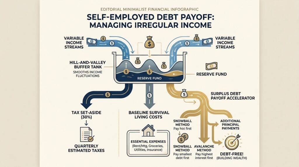 Debt payoff plan for irregular income: Hill-and-valley buffer tank, tax reserve, baseline survival budget, and surplus debt accelerator diagram