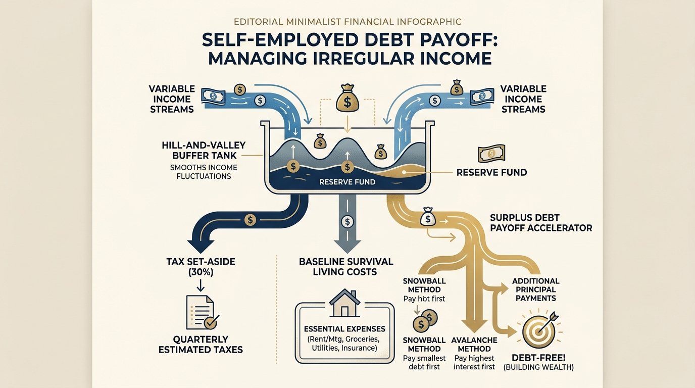 Debt payoff plan for irregular income: Hill-and-valley buffer tank, tax reserve, baseline survival budget, and surplus debt accelerator diagram