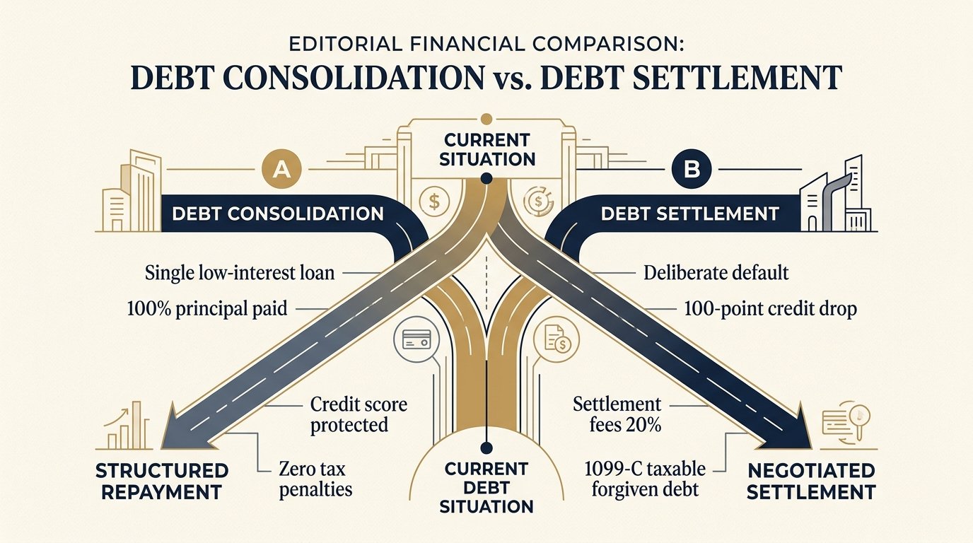 Debt settlement vs debt consolidation: Path A consolidation with credit protection vs Path B settlement with credit score drop, 20% fees, and 1099-C tax penalty