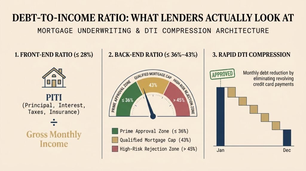 Debt-to-Income Ratio Calculator Infographic: Front-end housing ratio, back-end underwriting thresholds, and rapid DTI compression through credit card payoff