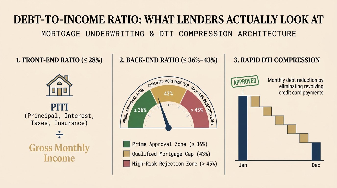 Debt-to-Income Ratio Calculator Infographic: Front-end housing ratio, back-end underwriting thresholds, and rapid DTI compression through credit card payoff