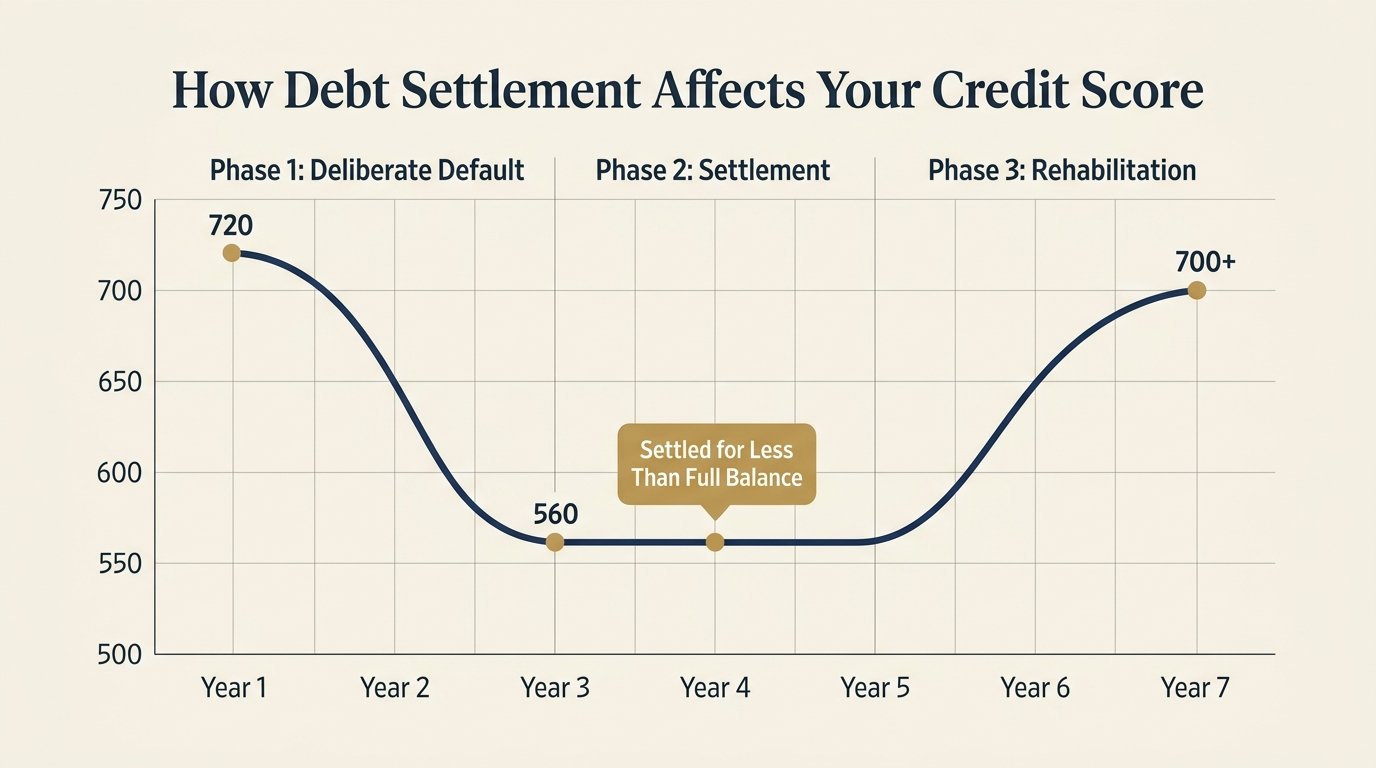 How debt settlement affects your credit score: 7-year credit score trajectory timeline from 720 down to 560 and rehabilitation back to 700+