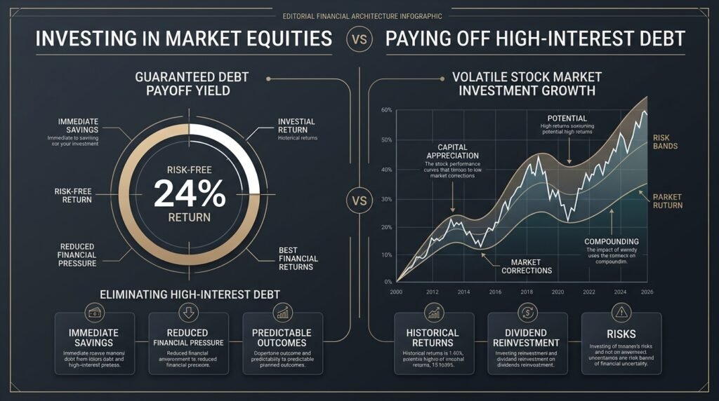 Should you invest or pay off debt first: guaranteed return vs expected return comparison infographic