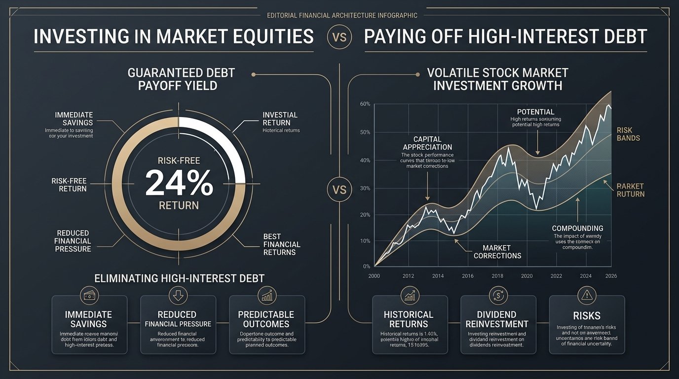 Should you invest or pay off debt first: guaranteed return vs expected return comparison infographic
