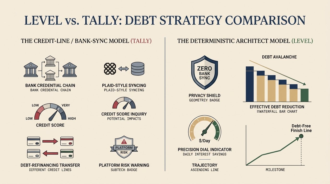 LEVEL vs. Tally Debt Payoff Tool Comparison: Credit-line bank-sync model versus deterministic privacy-first debt architecture