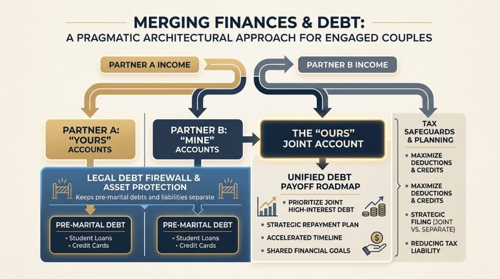 Merging finances and debt before marriage: Partner incomes, Yours Mine and Ours account waterfall, legal debt firewalls, and unified debt payoff roadmap