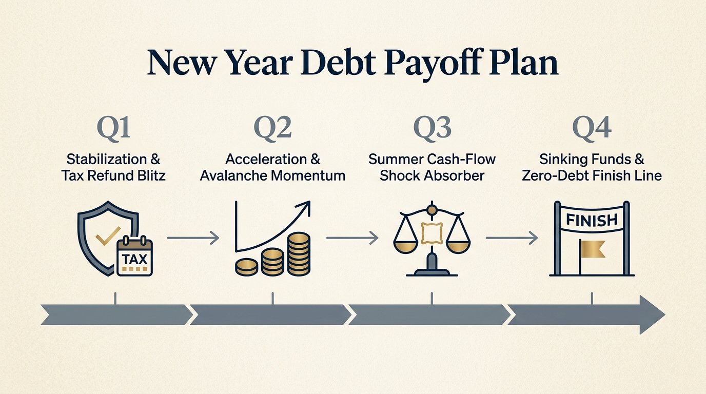 New Year Debt Payoff Plan: 4-quarter roadmap from Q1 tax refund blitz to Q4 holiday sinking funds and zero debt finish line