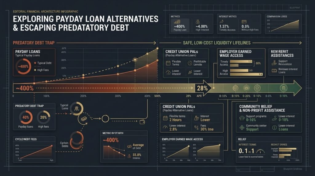 Payday loan alternatives: 400% APR predatory trap vs credit union PALs, earned wage access, and emergency relief infographic