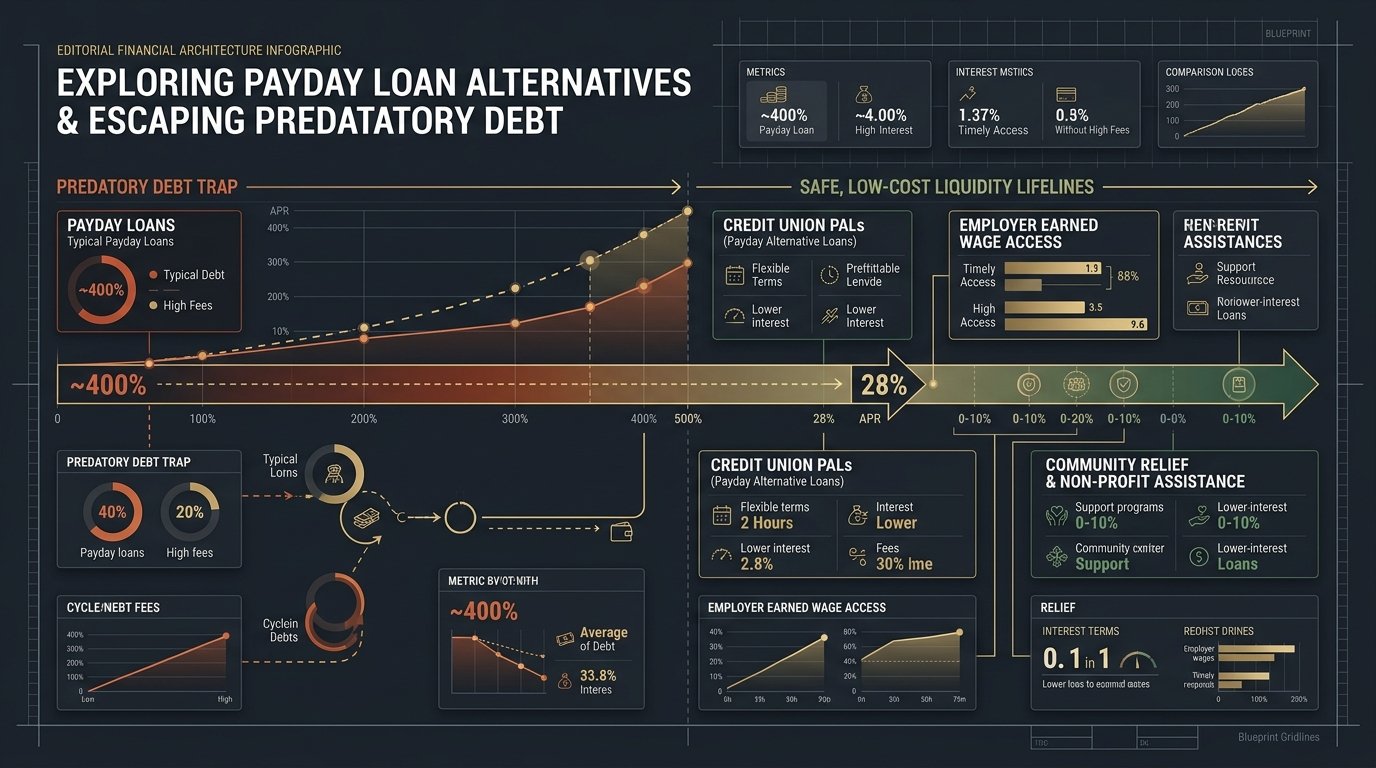 Payday loan alternatives: 400% APR predatory trap vs credit union PALs, earned wage access, and emergency relief infographic