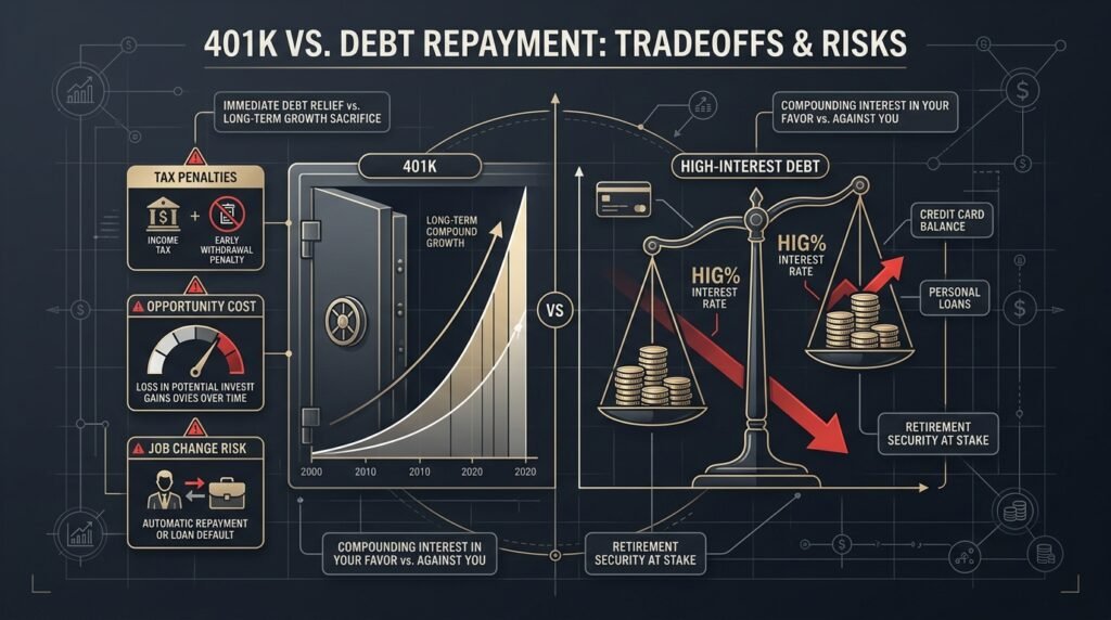 Using your 401k to pay off debt: tradeoffs, loan traps, tax penalties and opportunity cost infographic