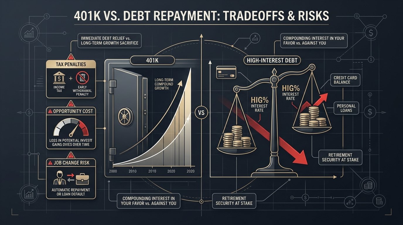 Using your 401k to pay off debt: tradeoffs, loan traps, tax penalties and opportunity cost infographic